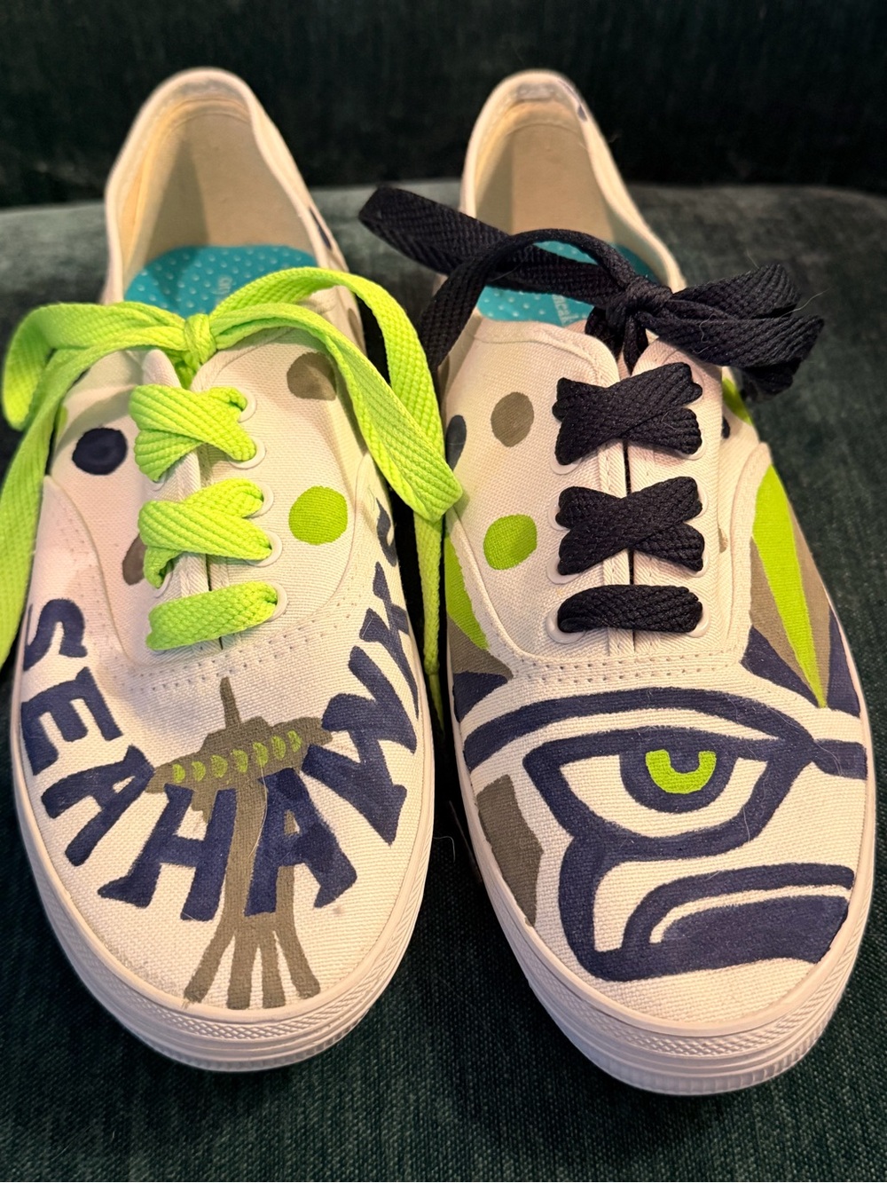 White Canvas Sneakers with HandPainted Seahawks Graphics